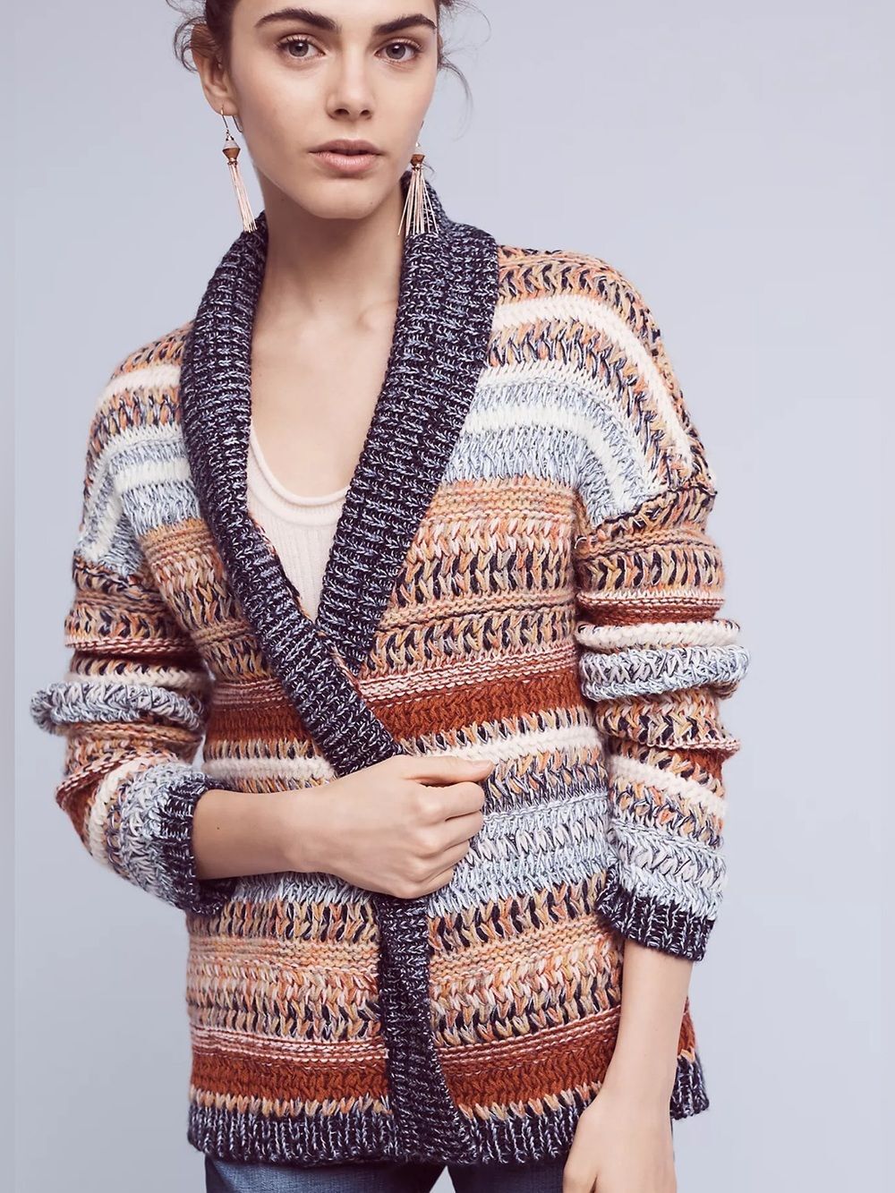 Anthropologie Knitted & Knotted Michela Striped Cardigan Wool Alpaca M Boho